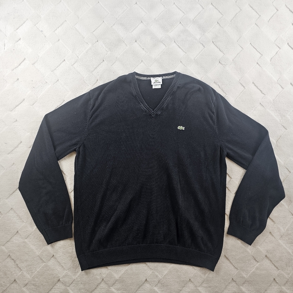 Vintage Lacoste Black V-Neck Sweater Mens Large Black  FLAWED